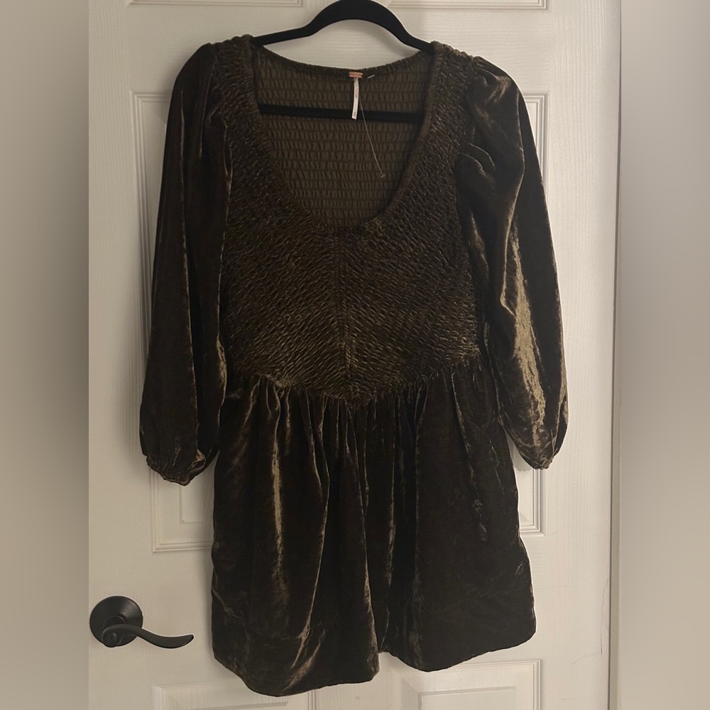 Free People Brown/Olive Green crushed velvet minidress size XS W/smocked Bodice
